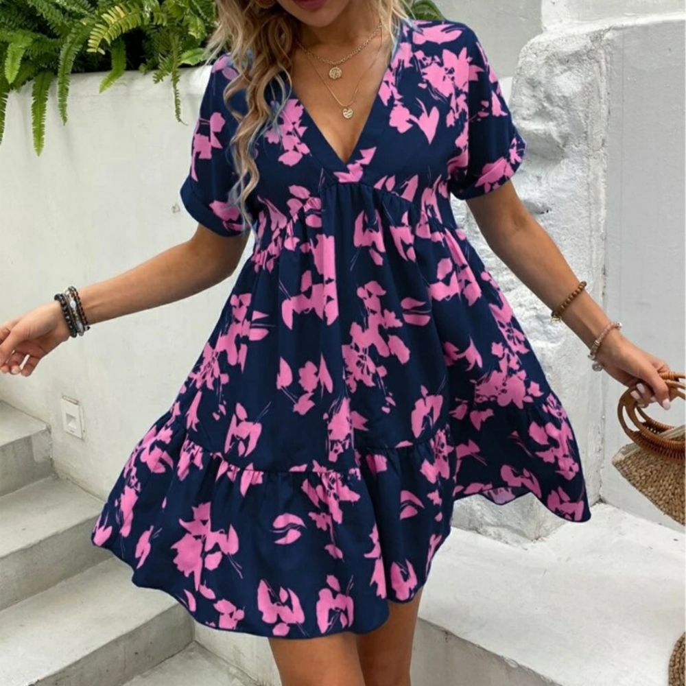 Shein Navy & Pink Floral Print Dress
